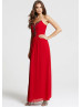 Red Chiffon Beads Strapless Long Prom Dress